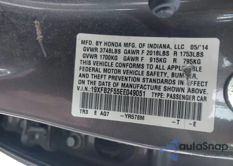 2014 Honda Civic Lx из США, поврежденный, VIN 19XFB2F55EE049051
